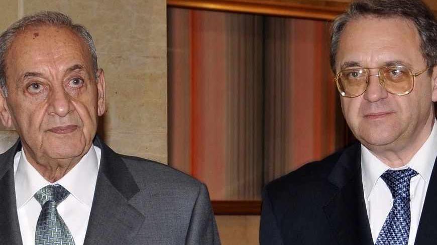 Lebanon's Parliament Speaker Nabih Berri meets with Russia's Deputy Foreign Minister Mikhail Bogdanov in Beirut April 26, 2013. REUTERS/Hassan Ibrahim/Lebanese Parliament/Handout (LEBANON - Tags: POLITICS) ATTENTION EDITORS - THIS IMAGE WAS PROVIDED BY A THIRD PARTY. FOR EDITORIAL USE ONLY. NOT FOR SALE FOR MARKETING OR ADVERTISING CAMPAIGNS. THIS PICTURE IS DISTRIBUTED EXACTLY AS RECEIVED BY REUTERS, AS A SERVICE TO CLIENTS - RTXZ0YT