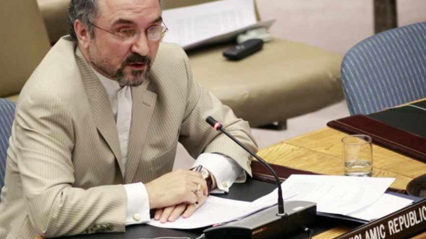 Iran's Ambassador to the U.N. Mohammad Khazaee speaks before the U.N. Security Council at the U.N. Headquarters in New York, June 9, 2010.  The U.N. Security Council imposed a fourth round of sanctions on a defiant Iran on Wednesday over a nuclear program the West suspects is aimed at developing the means to build atom bombs. REUTERS/Brendan McDermid (UNITED STATES - Tags: POLITICS) - RTR2EY9Q