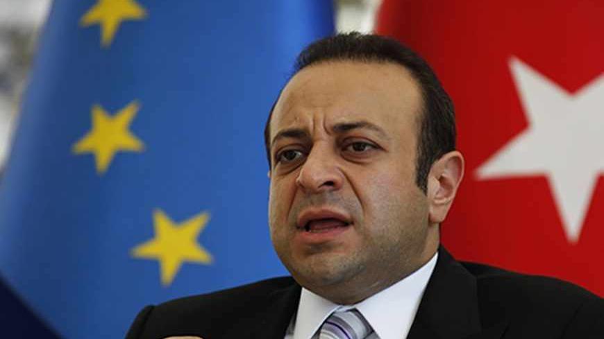 Turkey's EU Affairs Minister Egemen Bagis talks during an interview with Reuters in Istanbul June 26, 2012. Turkey expects France to unblock talks that are essential if it is ever to join the European Union, now that Socialist President Francois Hollande has replaced Nicolas Sarkozy who was outspoken in opposing the Muslim country's bid to join the bloc. Picture taken June 26, 2012. To match Interview TURKEY-EU/ REUTERS/Murad Sezer (TURKEY - Tags: POLITICS) - RTR3483U