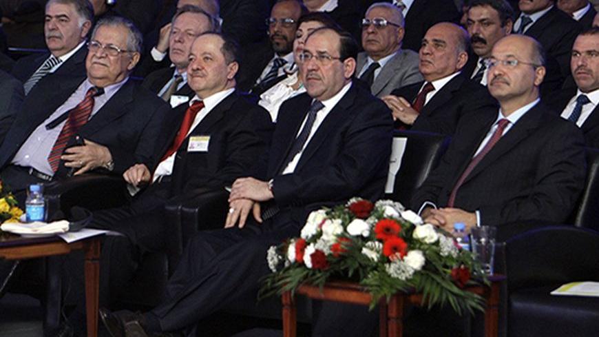 Iraqi political leaders and members of parliament including from (L-R) Iyad Allawi, former prime minister and head of the secular Iraqiya coalition, Iraqi parliament speaker Osama al-Nujaifi, Iraq's President Jalal Talabani, Kurdish President Masoud Barzani, Iraq's Prime Minister Nuri al-Malik and Iraq's Kurdistan region Prime Minister Barham Salih are attend the 13th Conference of Kurdistan Democratic Party in Arbil, 310 km (190 miles) north of Baghdad December 11, 2010. REUTERS/Azad Lashkari (IRAQ - Tags: