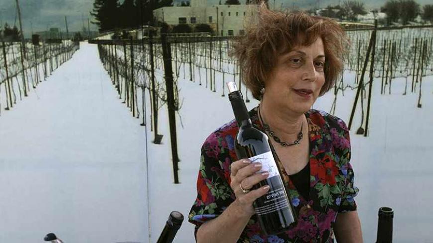 A representative from the Gush Etzion winery in the West Bank holds a bottle of red wine during the annual wine-tasting Festival at the Israel Museum in Jerusalem August 5, 2009. Israeli wine has long stirred up associations with the syrupy libations of religious rituals, but modern techniques imported from top winemaking nations are now helping it find space on shelves from Paris to New York. Picture taken August 5, 2009. To match feature ISRAEL/WINE REUTERS/Baz Ratner (JERUSALEM FOOD SOCIETY) - RTR2