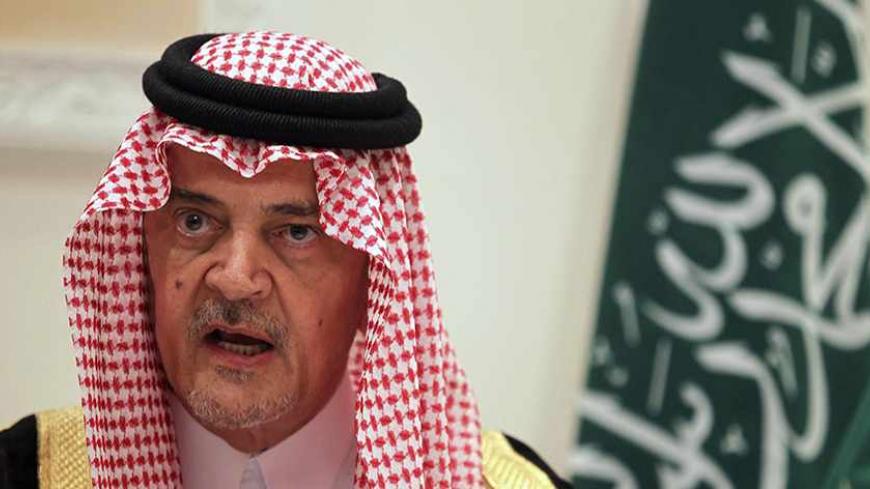 Saudi Foreign Minister Prince Saud al-Faisal speaks during a joint news conference with U.S. Secretary of State John Kerry (not pictured) in Riyadh November 4, 2013. Kerry on Monday played down any rift with Saudi Arabia, saying relations between the two countries were strategic and enduring and that both agreed negotiations were the only way to stop Syria's civil war. REUTERS/Faisal Al Nasser (SAUDI ARABIA - Tags: POLITICS) - RTX14ZTC