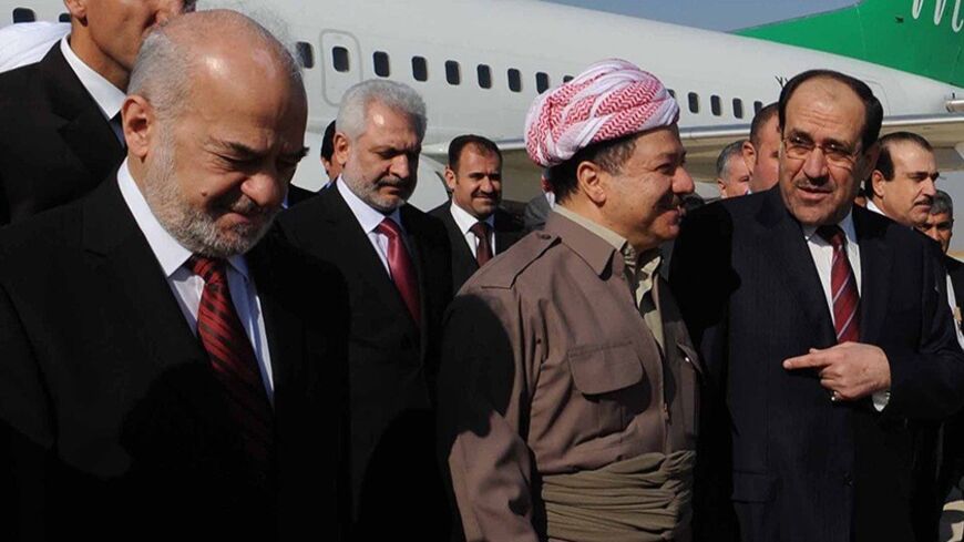 BAGHDAD - NOVEMBER 8: In this handout image provided by the Iraqi Prime Minister office shows Kurdish leader Masoud Barazani (C) receiving Iraqi Prime Minister Nuri al-Maliki (R) and former Prime Minister and Shiite leader Ibrahim Al-Jaafari (L) on November 8, 2010 at Arbil airport 190 miles north of Baghdad, Iraq. Hosted by Kurdish leader Masoud Barazani, Iraqi political leaders met in Arbil to discuss the formation of the Iraqi government about eight months since the country's parliamentary elections. (