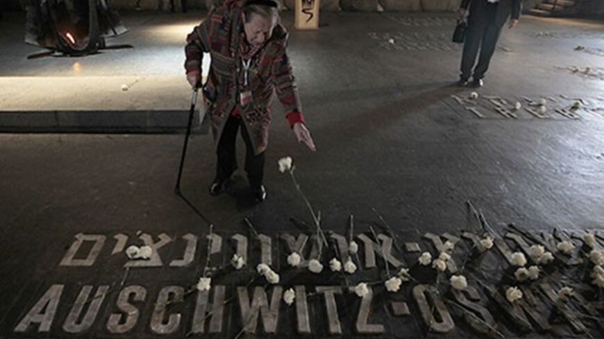 A woman lays a flower on the name of the former Nazi death camp of Auschwitz during a ceremony entitled "Unto Every Person There is a Name" in the Hall of Remembrance at Yad Vashem Holocaust Memorial in Jerusalem, marking Israel's annual day of Holocaust remembrance April 19, 2012. REUTERS/Ammar Awad (JERUSALEM - Tags: CIVIL UNREST POLITICS ANNIVERSARY) - RTR30XQZ