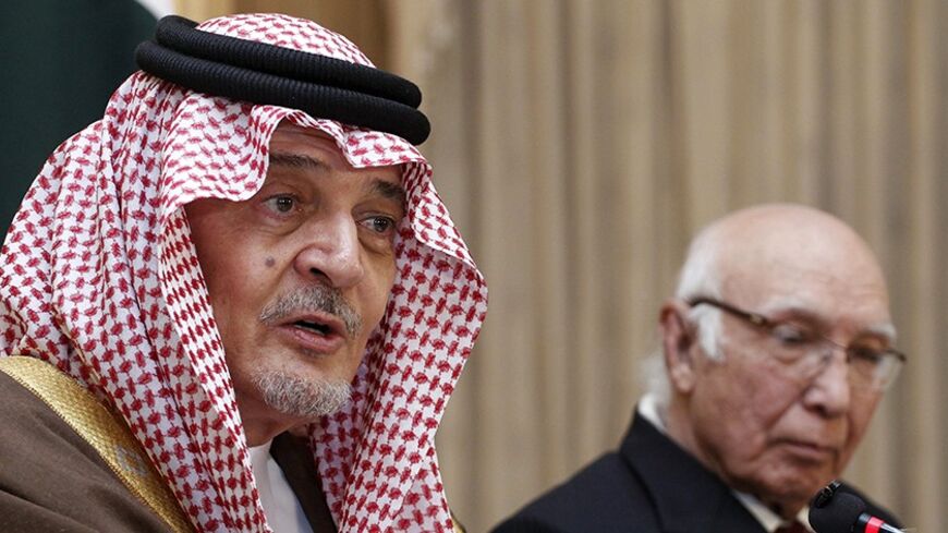 Saudi Minister of Foreign Affairs Prince Saud al-Faisal bin Abdulaziz al-Saud speaks during a news conference with Sartaj Aziz, Pakistan's prime minister Nawaz Sharif's adviser on foreign affairs, at Foreign Ministry in Islamabad January 7, 2014.  REUTERS/Mian Khursheed (PAKISTAN - Tags: POLITICS ROYALS) - RTX1753R