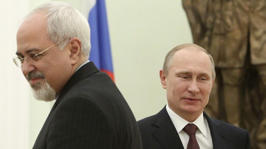 Russian President Vladimir Putin (R) passes Iran's Foreign Minister Mohammad Javad Zarif during their meeting in Moscow's Kremlin January 16, 2014. REUTERS/Sergei Karpukhin (RUSSIA - Tags: POLITICS) - RTX17GFG