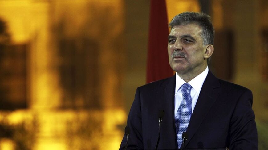 Turkish President Abdullah Gul speaks during a news conference with Egyptian President Mohamed Mursi (not pictured) after their meeting at Presidential Palace "Qasr Al Quba" in Cairo February 7, 2013. REUTERS/Amr Abdallah Dalsh (EGYPT - Tags: POLITICS) - RTR3DGVJ