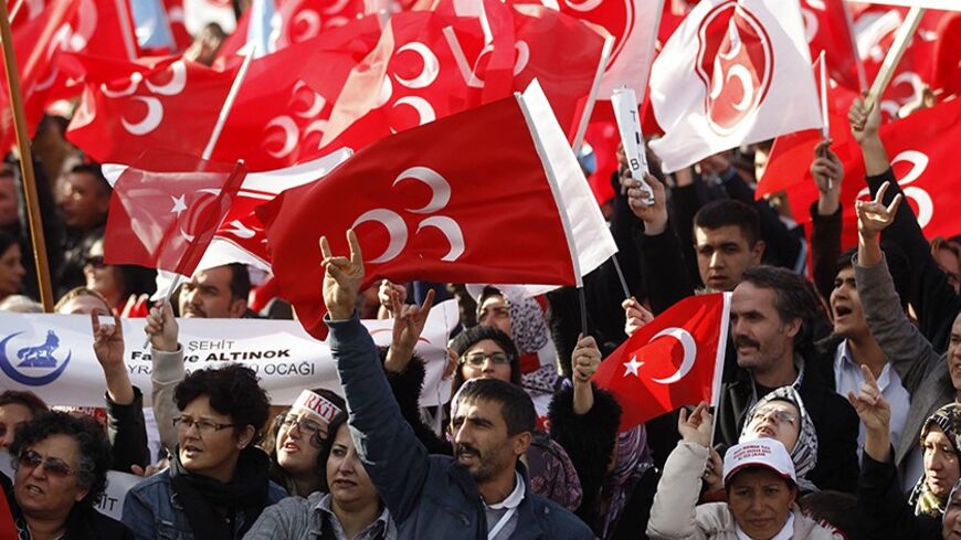Supporters of the Nationalist Movement Party (MHP) make the grey wolf sign of the party as they wait for the arrival of party leader Devlet Bahceli during a rally in Istanbul October 5, 2013. REUTERS/Osman Orsal (TURKEY - Tags: POLITICS ) - RTR3FMK7