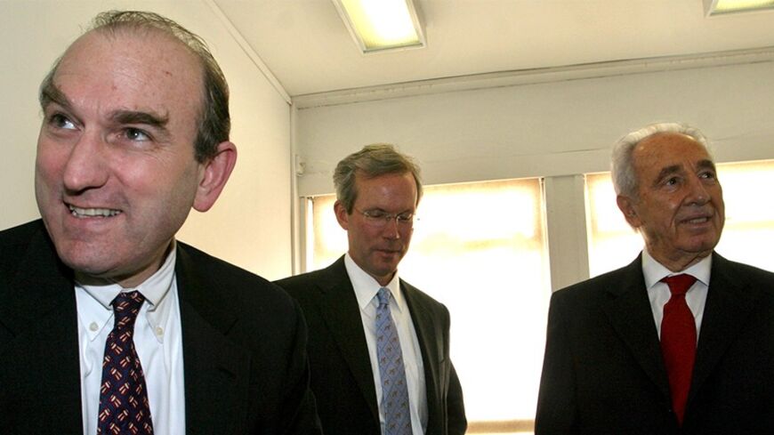 Israeli Vice Premier Shimon Peres welcomes US Deputy National Security Advisor Elliot Abrams prior to their meeting in Jerusalem. Israeli Vice Premier Shimon Peres (R) welcomes U.S. Deputy National Security Advisor Elliot Abrams (L) prior to their meeting in Jerusalem March 23, 2005. A parliamentary committee on Wednesday approved a bill for a referendum on Israeli Prime Minister Ariel Sharon's plan to withdraw from Gaza later this year, sending the legislation to parliament. REUTERS/Gil Cohen Magen - RTR5