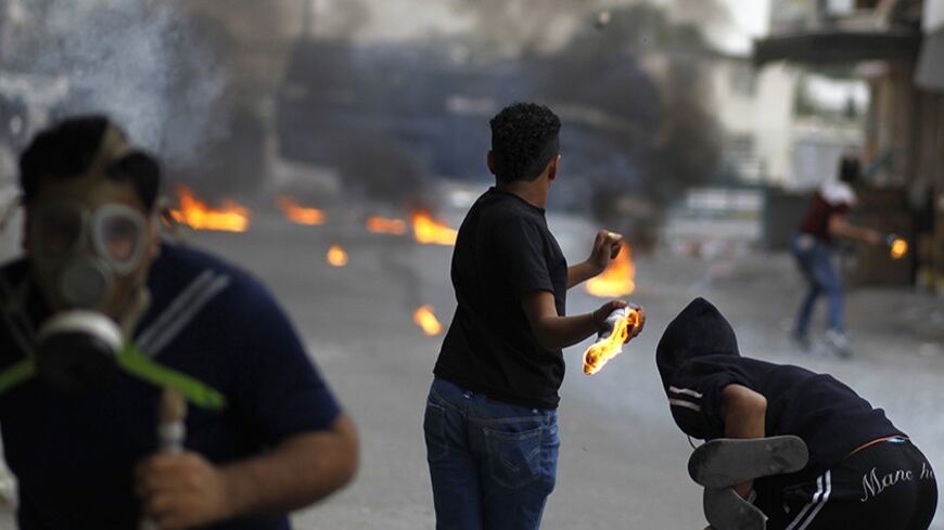 Anti-government protesters throw petrol bombs towards riot police during clashes in the village of Diraz, west of Manama January 29, 2014. Bahraini police clashed with stone-throwing protesters in the village west of the capital, days after the funeral of a young man who died in custody, witnesses said. Wednesday's protest following the death of 20-year-old Fadhel Abbas threatened to sour a new attempt to restart negotiations between Bahrain's government, led by the ruling al-Khalifa family, and opposition 