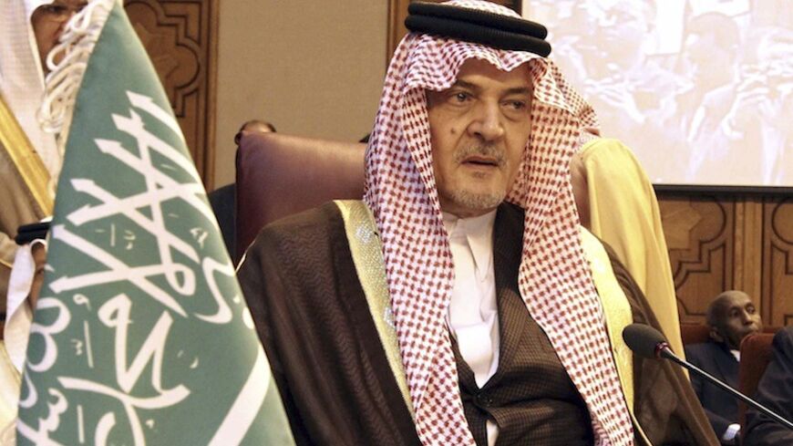 Saudi Arabia's Foreign Minister Prince Saud al-Faisal attends the opening of an Arab foreign ministers emergency meeting to discuss the Syrian crisis and President Bashar al-Assad's regime, at the Arab League headquarters in Cairo, March 9, 2014. The Arab League on Sunday endorsed Palestinian President Mahmoud Abbas's rejection of Israel's demand for recognition as a Jewish state, as U.S.-backed peace talks approach a deadline next month. The United States want Abbas to make the concession as part of effort