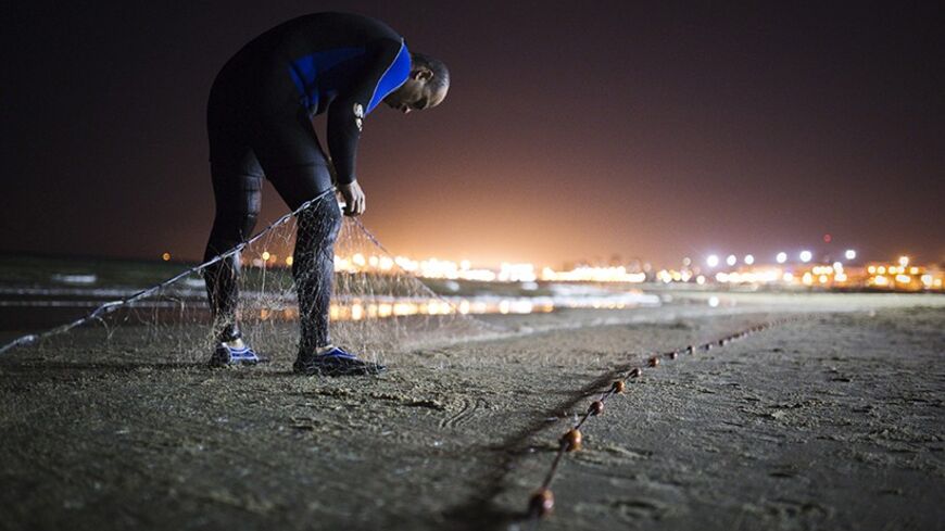 A fisherman collects fish from a net on the shore of the Mediterranean Sea in the southern city of Ashdod April 6, 2014. REUTERS/Amir Cohen (ISRAEL - Tags: ENVIRONMENT SOCIETY) - RTR3K5XW