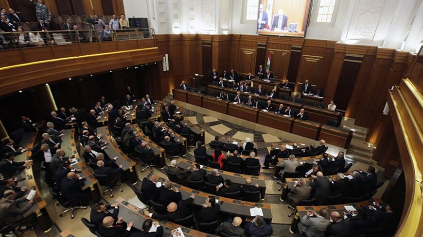 Lebanese members of parliament gather to elect the new Lebanese president in the parliament building in downtown Beirut April 23, 2014. Lebanese parliamentarians failed to elect a new president in a first round of voting on Wednesday, with leading candidate Samir Geagea falling well short of the required two-thirds majority. REUTERS/Joseph Eid/Pool  (LEBANON - Tags: POLITICS ELECTIONS) - RTR3MAQN