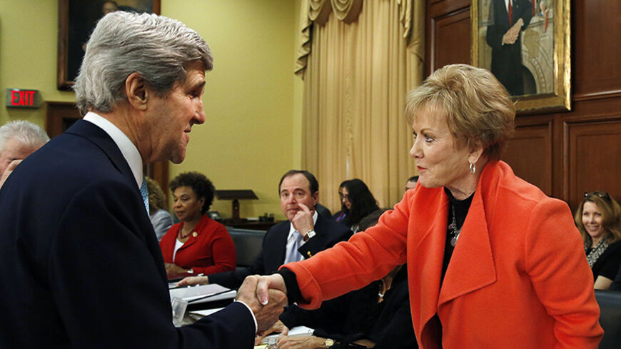 United States Secretary of State John Kerry (L) greets chairwoman Rep. Kay Granger (R-TX) (R) before testifying at the House Appropriations Committee on Capitol Hill in Washington March 12, 2014.
 REUTERS/Gary Cameron  (UNITED STATES - Tags: POLITICS BUSINESS) - RTR3GRSC