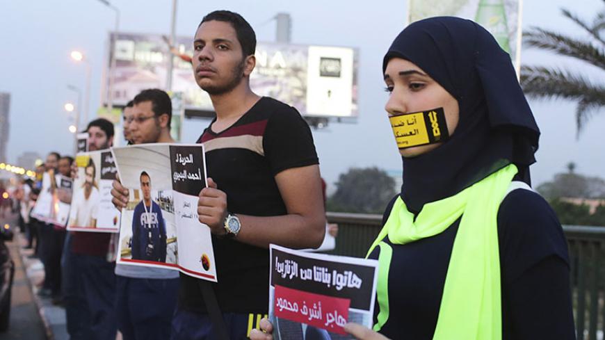 Protesters from ''6th of April'' group and other opposition activists, form a human chain to call for the release of activists in detention, over a bridge in central Cairo, April 16, 2014. REUTERS/Asmaa Waguih (EGYPT - Tags: POLITICS CIVIL UNREST) - RTR3LKDJ
