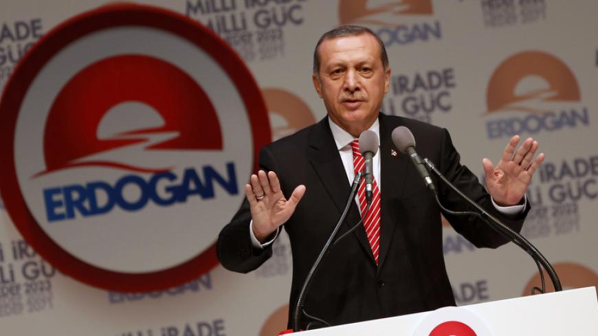 Turkey's Prime Minister and presidential candidate Tayyip Erdogan makes a speech during a meeting to launch his election campaign in Istanbul July 11, 2014. REUTERS/Murad Sezer (TURKEY - Tags: POLITICS ELECTIONS) - RTR3Y72V