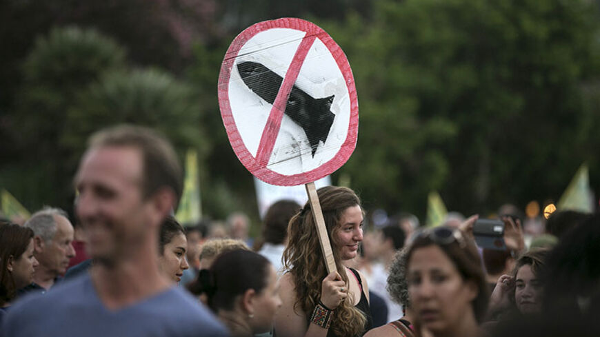 A girl holds a sign during a rally in Tel Aviv's Rabin Square, to show solidarity with residents of Israel's southern communities, who have been targeted by Palestinian rockets and mortar salvoes, August 14, 2014. Anew, five-day truce between Israel and Hamas appeared to be holding on Thursday despite a shaky start, after both sides agreed to give Egyptian-brokered peace negotiations in Cairo more time to try to end the Gaza war. REUTERS/Baz Ratner (ISRAEL - Tags: POLITICS CIVIL UNREST) - RTR42GPL