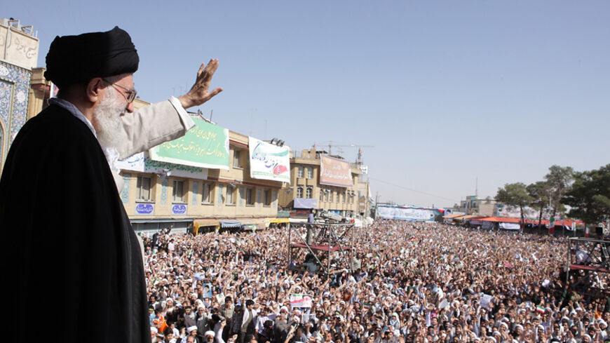 EDITORS' NOTE:  Reuters and other foreign media are subject to Iranian restrictions on their ability to film or take pictures in Tehran.

Iran's Supreme Leader Ayatollah Ali Khamenei waves to the crowd in the holy city of Qom, 120 km (75 miles) south of Tehran, October 19, 2010. REUTERS/Khamenei.ir (IRAN - Tags: POLITICS) THIS IMAGE HAS BEEN SUPPLIED BY A THIRD PARTY. IT IS DISTRIBUTED, EXACTLY AS RECEIVED BY REUTERS, AS A SERVICE TO CLIENTS - RTXTL7O