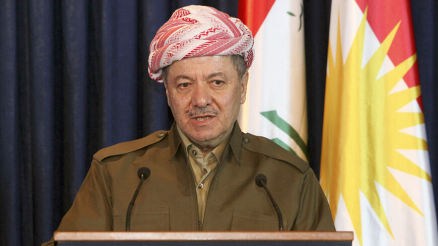 President of Iraq's autonomous Kurdistan region Massoud Barzani speaks during a joint news conference with French President Francois Hollande in Arbil September 12, 2014. REUTERS/Azad Lashkari (IRAQ - Tags: POLITICS ) - RTR4615L