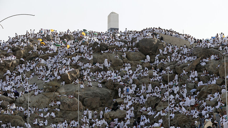 Muslim pilgrims pray on Mount Mercy on the plains of Arafat during the annual haj pilgrimage, outside the holy city of Mecca October 3, 2014. REUTERS/Muhammad Hamed (SAUDI ARABIA - Tags: RELIGION) - RTR48S61