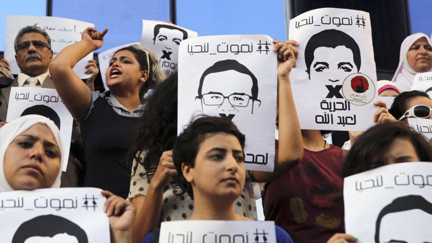 Protesters rally in support of Al Jazeera journalists Abdullah al-Shami and Mohammed Sultan, who were detained by Egyptian authorities, in front of the Press Syndicate in Cairo, June 1, 2014. According to Al Jazeera's website, the two journalists have been in detention since August last year for providing information to the Muslim Brotherhood. The government has declared the Brotherhood a "terrorist group". The Brotherhood says it is a peaceful organisation. REUTERS/Mohamed Abd El Ghany (EGYPT - Tags: POLIT