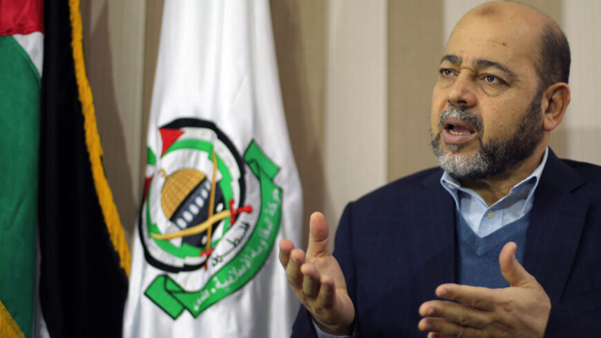 Deputy Hamas chief Moussa Abu Marzouk gestures during an interview with Reuters in Gaza City December 17, 2014. The Palestinian Islamist group Hamas should be removed from the European Union's terrorist list, an EU court ruled on Wednesday, saying the decision to include it was based on media reports not considered analysis. Hamas welcomed Wednesday's verdict. "The decision is a correction of a historical mistake the European Union had made," Abu Marzouk told Reuters. REUTERS/Mohammed Salem (GAZA - Tags: P