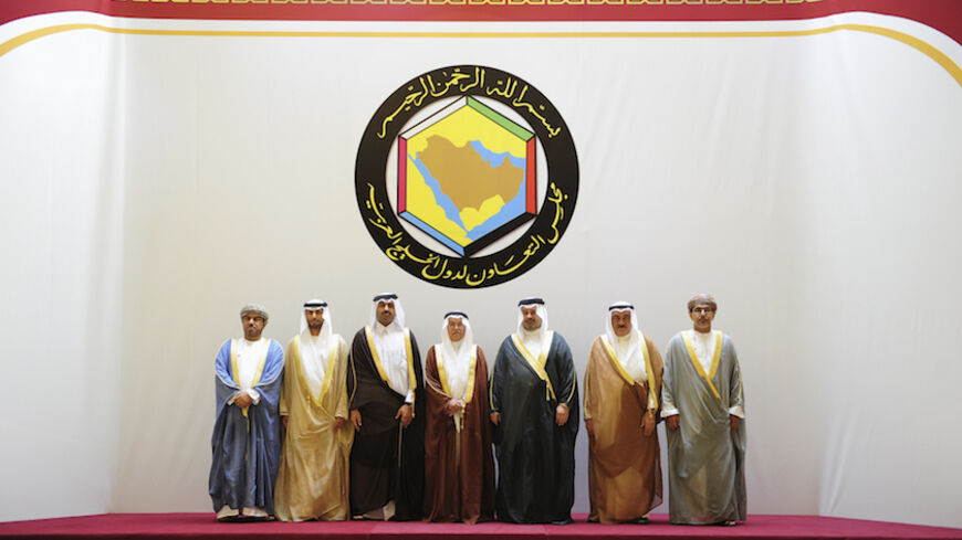 From L-R: The Gulf Cooperation Council's (GCC) Assistant Secretary General Abdullah bin Juma al-Shibli, United Arab Emirates' Oil Minister Suhail Mohamed Al Mazrouei, Qatar's Minister of Energy and Industry Mohammed Saleh al-Sada, Saudi Oil Minister Ali al-Naimi, Bahrain's Minister of Finance Sheikh Ahmed Bin Mohammed al-Khalifa, Kuwait's Minister of Finance Mustafa al-Shamali and Oman's Oil Minister Mohamed bin Hamad Al Rumhi pose for a group photo during a meeting of Gulf Arab oil ministers in Riyadh Sept