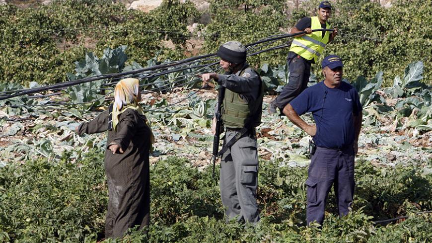 An Israeli border police officer gestures towards a Palestinian farmer during the removal of water pipes from their farm near the West Bank city of Hebron October 29, 2009. A confrontation erupted during the removal of the pipes by Israeli authorities that illegally divert water, an Israeli border police spokesman said on Thursday. REUTERS/Nayef Hashlamoun (WEST BANK CONFLICT POLITICS) - RTXQ4KQ