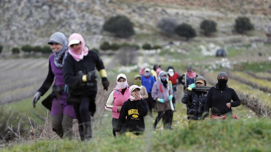 Syrian women walk along an agriculture field after finishing their work in the Lebanese village of Ammiq in west Bekaa March 2, 2015. REUTERS/Jamal Saidi (LEBANON - Tags: SOCIETY IMMIGRATION BUSINESS EMPLOYMENT AGRICULTURE) - RTR4RSZD