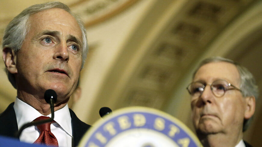 U.S. Senator Bob Corker (R-TN) (L), along with Senate Majority Leader Mitch McConnell (R-KY) (R), speaks at a news conference after the weekly Senate Republican policy luncheon at the U.S. Capitol in Washington, March 3, 2015. The White House has said President Barack Obama would veto the Iran Nuclear Review Act, which was introduced by Republican Senator Bob Corker, chairman of the Senate Foreign Relations Committee, and Democratic Senator Robert Menendez, the top Democrat on the panel, to require Obama to