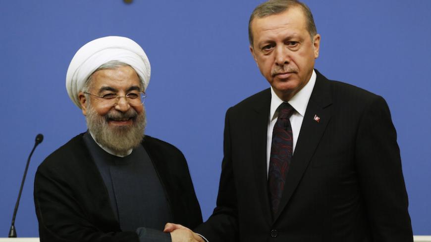 Iran's President Hassan Rouhani shakes hands with Turkish Prime Minister Tayyip Erdogan after a news conference in Ankara June 9, 2014. REUTERS/Umit Bektas (TURKEY - Tags: POLITICS) - RTR3SXID