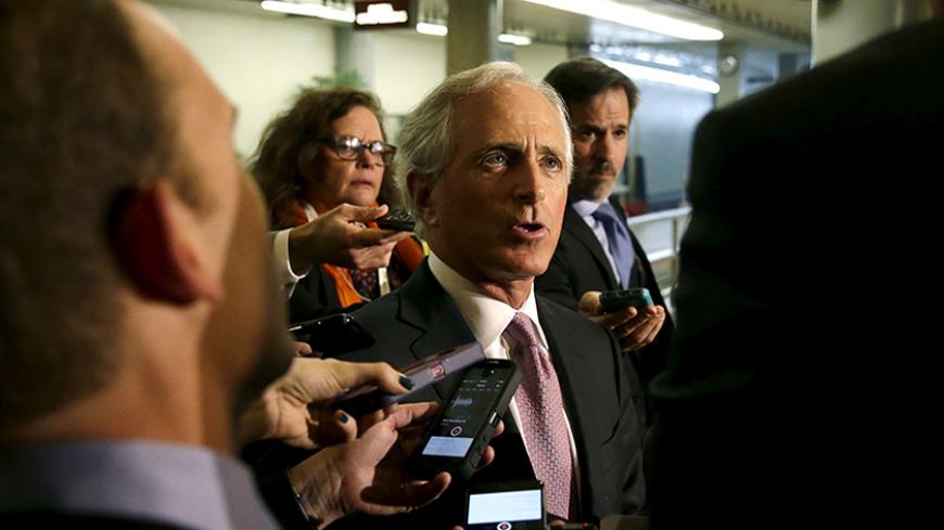 Senate Foreign Relations Committee Chairman Senator Bob Corker (R-TN) (C) talks to reporters before meeting with Secretary of State John Kerry (not pictured) on nuclear negotiations with Iran on Capitol Hill in Washington April 14, 2015. REUTERS/Gary Cameron
- RTR4XBGA