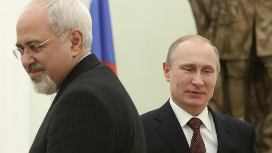 Russian President Vladimir Putin (R) passes Iran's Foreign Minister Mohammad Javad Zarif during their meeting in Moscow's Kremlin January 16, 2014. REUTERS/Sergei Karpukhin (RUSSIA - Tags: POLITICS) - RTX17GFG