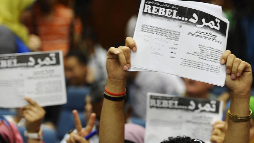 Protesters opposing Egyptian President Mohamed Mursi hold up documents from the "Tamarod" campaign during a news conference at their headquarters in Cairo May 29, 2013. The Tamarod, meaning "rebel", campaign said on Wednesday that it has gathered more than seven million signatures for a petition aiming for a no-confidence vote against Egypt's President Mohamed Mursi which also aims at calling for holding early presidential elections.  REUTERS/Stringer  (EGYPT - Tags: POLITICS CIVIL UNREST ELECTIONS) - RTX10