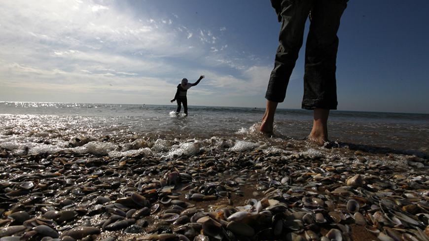 Two girls play in the water at Ramlat al Bayda beach during a sunny day in Beirut February 12, 2012.  REUTERS/Jamal Saidi  (LEBANON - Tags: SOCIETY) - RTR2XPTA