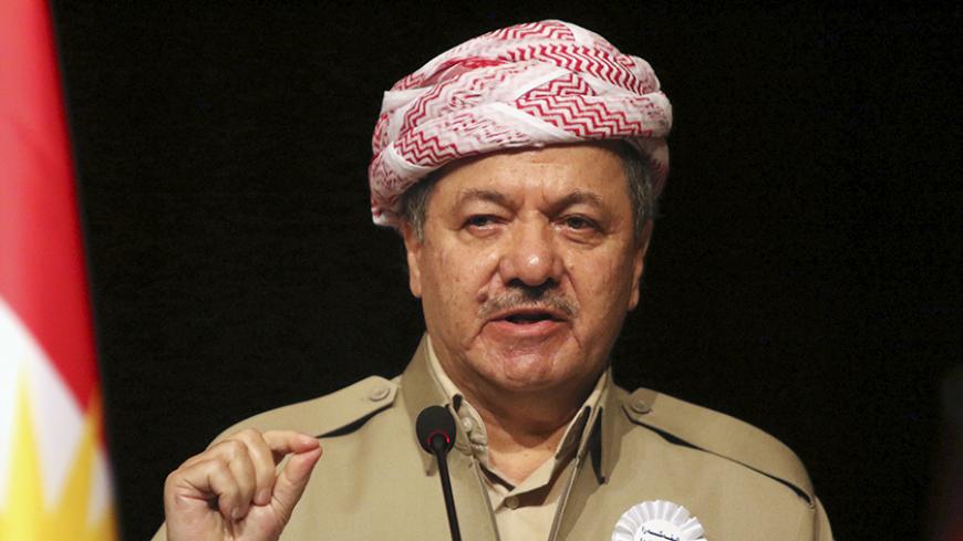 Iraqi Kurdish regional President Massoud Barzani speaks during a ceremony in Dohuk, northern Iraq August 3, 2015. Barzani vowed to help the Yazidis return to their homes, after they fled from Islamic State last year. REUTERS/Ari Jalal - RTX1MWGL