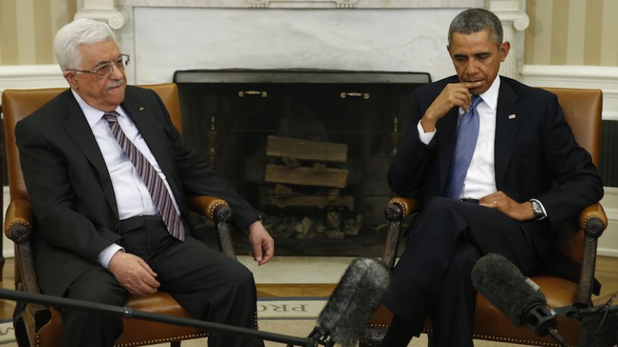 U.S. President Barack Obama meets with Palestinian Authority President Mahmoud Abbas (L) at the White House in Washington March 17, 2014. President Barack Obama on Monday urged Palestinian President Mahmoud Abbas to make tough decisions and take risks for peace with Israel, saying he hoped to see progress in U.S.-brokered negotiations in coming weeks.
REUTERS/Kevin Lamarque (UNITED STATES - Tags: POLITICS) - RTR3HG4X