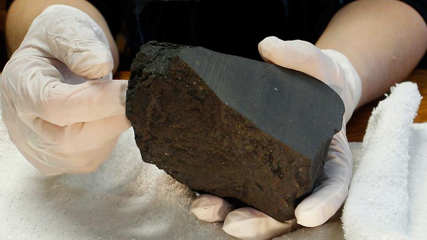 Brigitte Zanda, head of the meteorite collection at the National Museum of Natural History, poses with a 1.3 kilogram meteorite which is more than 4.5 billion years old in Paris February 9, 2010. This chondrite meteorite was formed when various types of dust and small grains present in the early solar system concentrated to form primitive asteroids.     REUTERS/Benoit Tessier   (FRANCE - Tags: SOCIETY SCI TECH) - RTR2A0C4