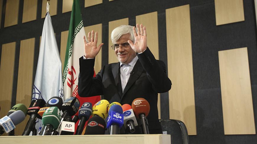 File photo taken May 28, 2013 shows former Iranian Vice President and former presidential candidate Mohammad Reza Aref, who has withdrawn from the presidential race. The Iranian presidential election will be held June 14. REUTERS/Fars News (POLITICS ELECTIONS PROFILE) ATTENTION EDITORS - THIS IMAGE WAS PROVIDED BY A THIRD PARTY. FOR EDITORIAL USE ONLY. NOT FOR SALE FOR MARKETING OR ADVERTISING CAMPAIGNS. THIS PICTURE IS DISTRIBUTED EXACTLY AS RECEIVED BY REUTERS, AS A SERVICE TO CLIENTS - RTX10KSJ