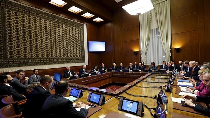 General view of United Nations (U.N.) Special Envoy for Syria Staffan de Mistura attending a meeting on Syria with representatives of the five permanent members of the Security Council (P5) at the United Nations European headquarters in Geneva, Switzerland, January 13, 2016.  REUTERS/Denis Balibouse   - RTX228S7