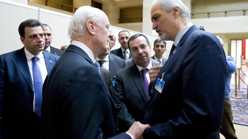 U.N. envoy Staffan de Mistura speaks to Syria's Ambassador to the United Nations Bashar al Jaafari (R) during the Syria peace talks in in Geneva, Switzerland, January 29, 2016. REUTERS/Jean-Marc Ferre/United Nations/Handout via Reuters ATTENTION EDITORS - THIS PICTURE WAS PROVIDED BY A THIRD PARTY. REUTERS IS UNABLE TO INDEPENDENTLY VERIFY THE AUTHENTICITY, CONTENT, LOCATION OR DATE OF THIS IMAGE. IT IS DISTRIBUTED EXACTLY AS RECEIVED BY REUTERS, AS A SERVICE TO CLIENTS. EDITORIAL USE ONLY. NOT FOR SALE FOR