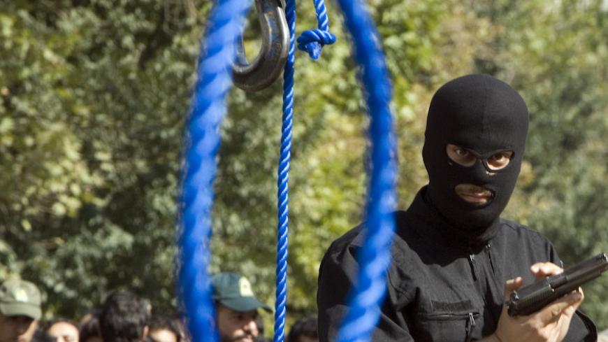 An Iranian policeman checks his gun before the hanging of Majid Kavousifar and Hossein Kavousifar in Tehran August 2, 2007. Iran hanged Majid and Hossein, the killers of a judge who had jailed several reformist dissidents, before a crowd of hundreds of people on Thursday. REUTERS/Raheb Homavandi (IRAN) - RTR1SGDH