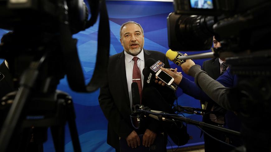 Israeli Foreign Minister Avigdor Lieberman speaks to the press prior to the weekly cabinet meeting in Jerusalem on December 28, 2014. AFP PHOTO/POOL/GALI TIBBON (Photo credit should read GALI TIBBON/AFP/Getty Images)