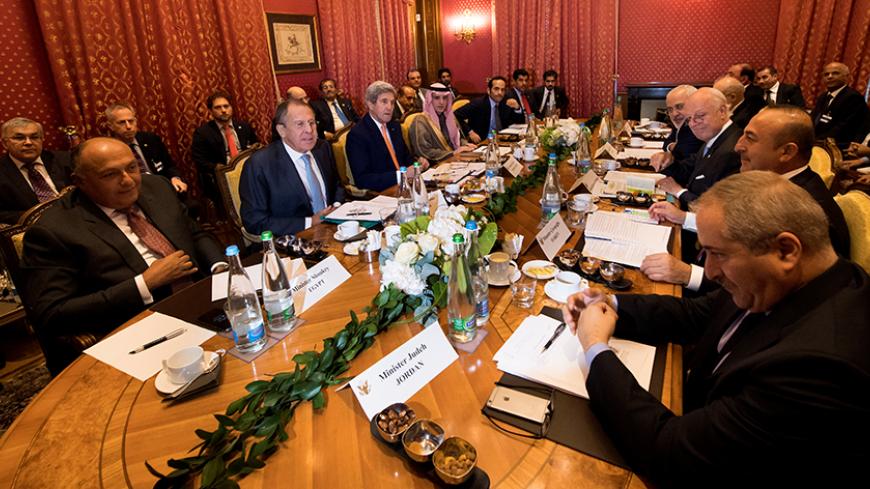 (From L-R), Egypt's Foreign Minister Sameh Shoukry, Russia's Foreign Minister Sergei Lavrov, U.S. Secretary of State John Kerry, Saudi Arabia's Foreign Minister Adel al-Jubeir, Qatar's Foreign Minister Sheikh Mohammed bin Abdulrahman al-Thani, Iraq's Foreign Minister Ibrahim al-Jaafari, Iran's Foreign Minister Mohammad Javad Zarif, Staffan de Mistura, UN Special Envoy of the Secretary-General for Syria, Turkey's Foreign Affairs Minister Mevlut Cavusoglu, Jordan's Foreign Minister Nasser Judeh, speak togethe