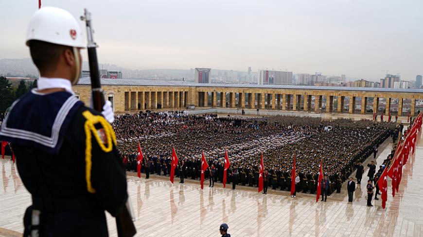 Turkish army officers stand at attention during a Republic Day ceremony at Anitkabir, the mausoleum of modern Turkey's founder Ataturk, to mark the republic's anniversary in Ankara, Turkey, October 29, 2016. REUTERS/Umit Bektas - RTX2QXNK