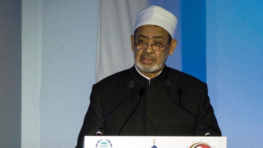 Egypt's Grand Imam of al-Azhar Mosque, Sheikh Ahmed Mohamed al-Tayeb, delivers a speech during the international summit of women parliamentary speakers on December 12, 2016, in Abu Dhabi. / AFP / NEZAR BALOUT        (Photo credit should read NEZAR BALOUT/AFP/Getty Images)