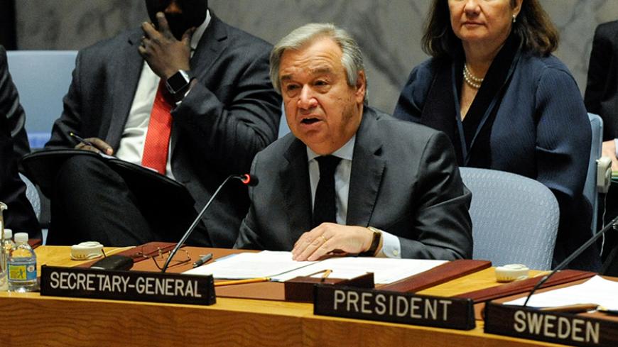 UN Secretary General Antonio Guterres delivers remarks during the Security Council meeting at the United Nations in New York City, U.S. January 10, 2017. REUTERS/Stephanie Keith - RTX2YCKQ