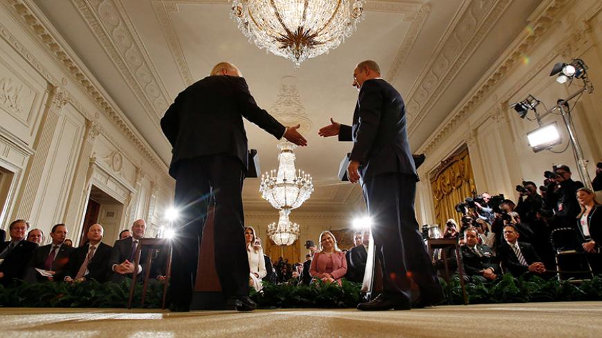 Israeli Prime Minister Benjamin Netanyahu shakes hands with U.S. President Donald Trump (L) during a news conference at the White House in Washington, U.S., February 15, 2017. REUTERS/Carlos Barria - RTSYU8Q