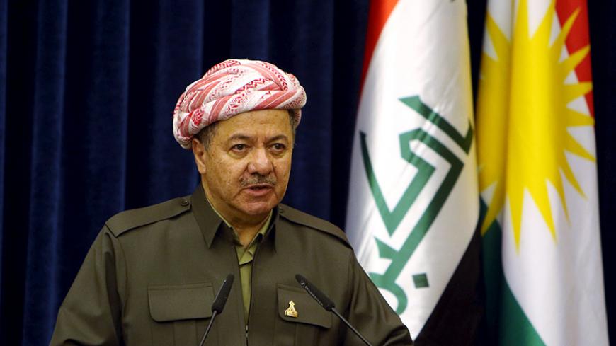 Iraqi Kurdistan region's President Massoud Barzani attends a news conference with Britain's Foreign Secretary Philip Hammond in Erbil, Iraq, March 17, 2016.  REUTERS/Azad Lashkari - RTSAWLE