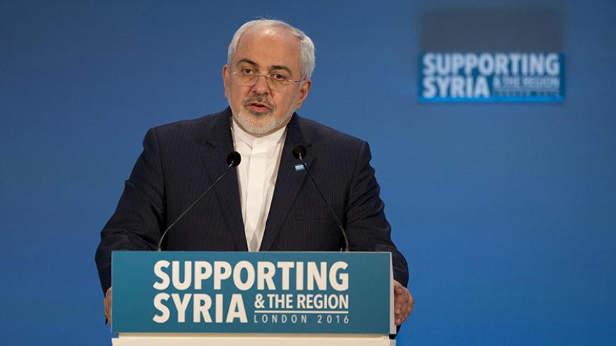 Iran's Foreign Minister Mohammad Javad Zarif makes a pledge during the second makes a pledge during the second 'Thematic Pledging Session' at the donors Conference for Syria in London, Britain February 4, 2016. REUTERS/Matt Dunham/pool - RTX25FTG